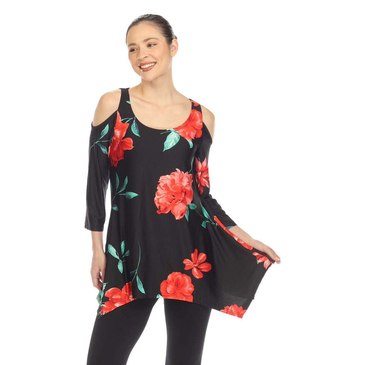  White Mark Women's Floral Printed Cold Shoulder Tunic - S - Bonton