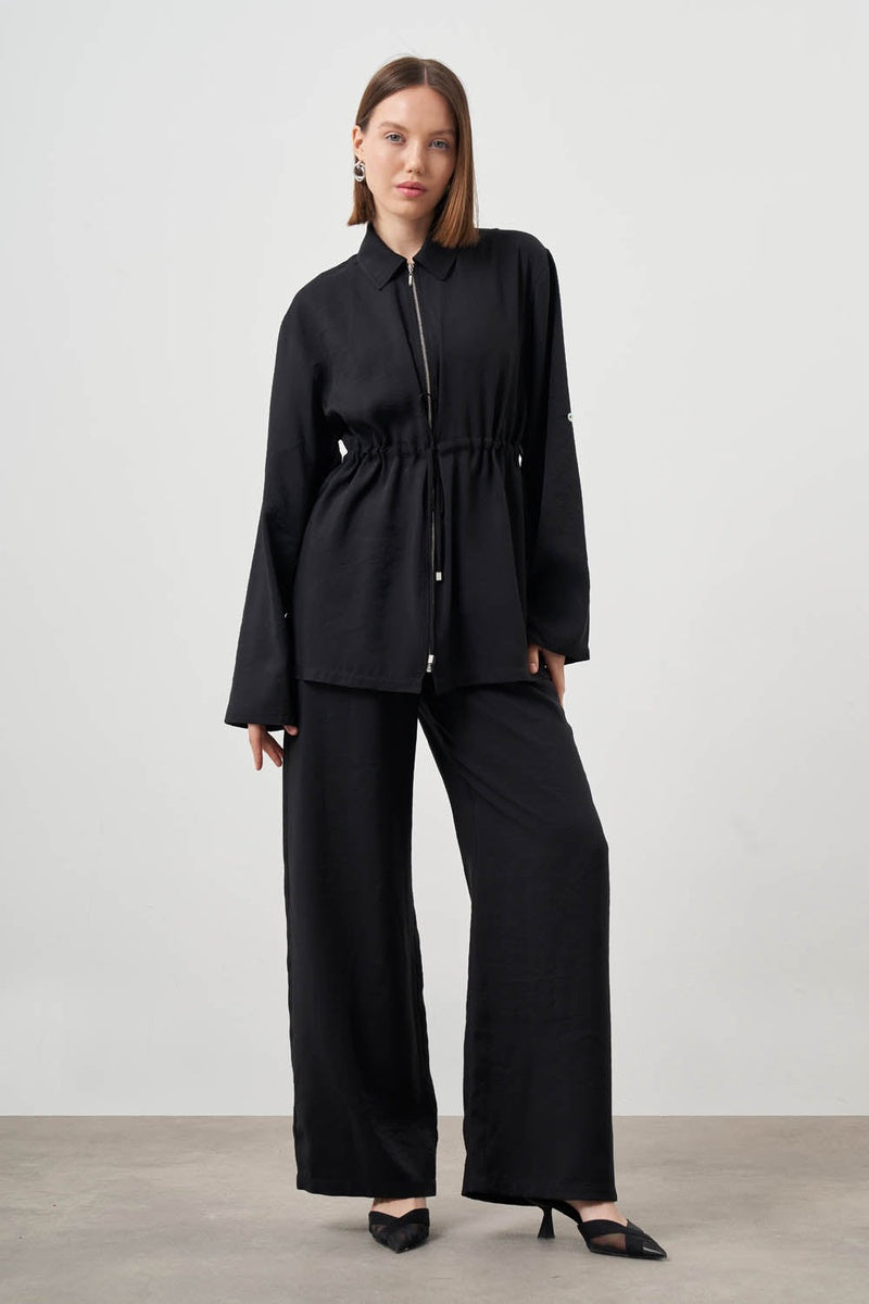  Mizalle Mizalle-Cinched Waist Shirt Jacket-Black - Black - Bonton