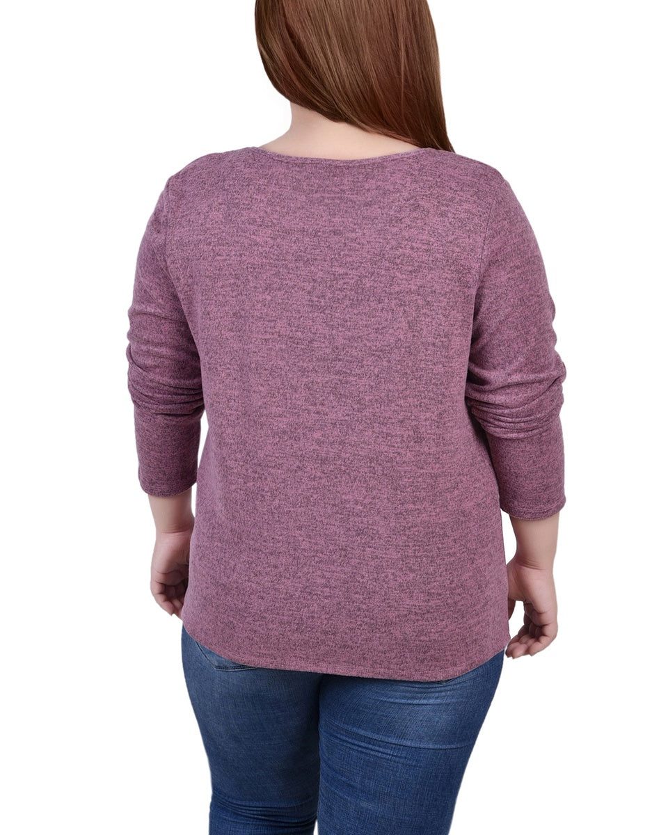  NY Collection Plus Size Long Sleeve Knit Keyhole Top With Studs - Navy - Bonton