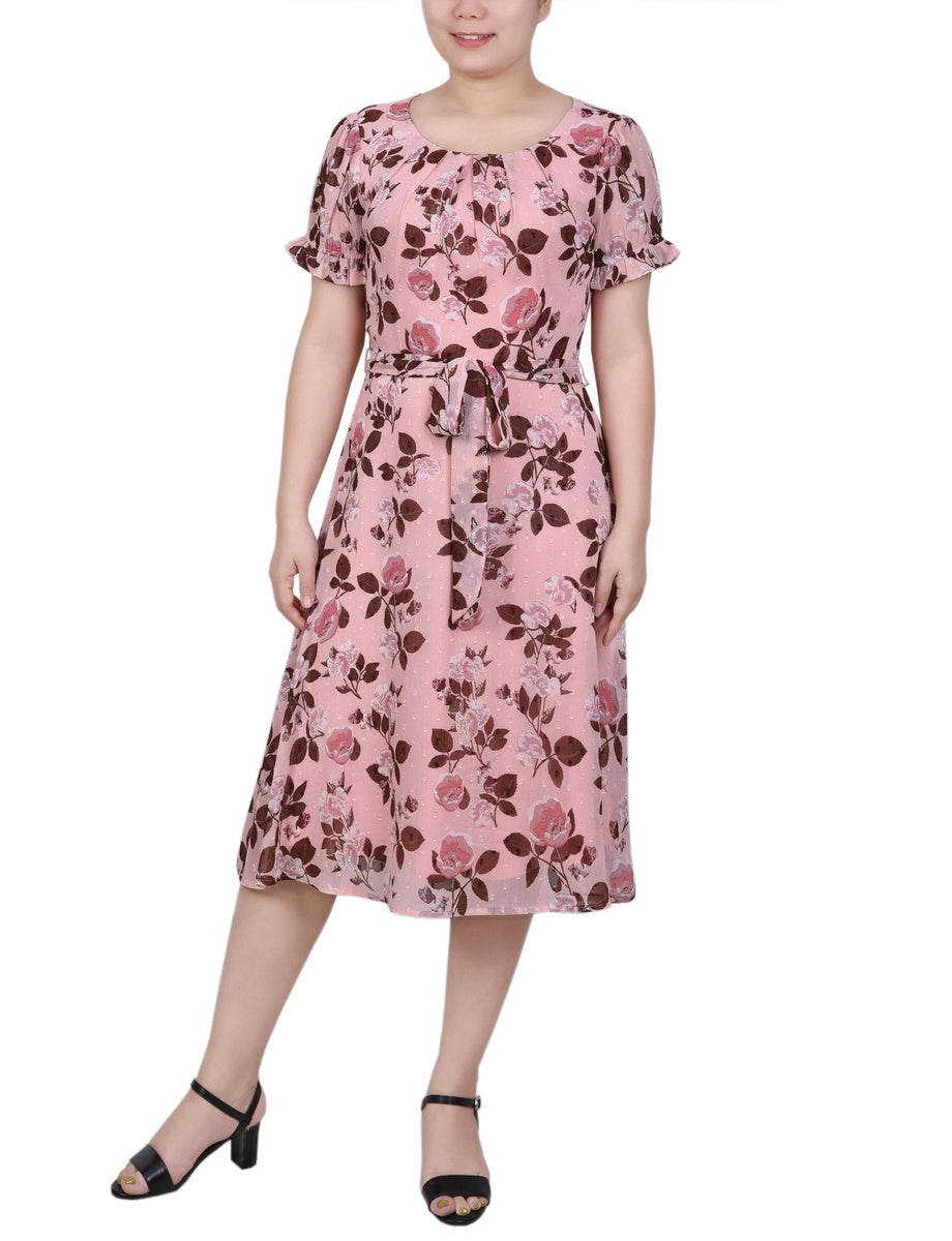  NY Collection Short Sleeve Belted Swiss Dot Dress - Mellow Rose Rectangle - Bonton