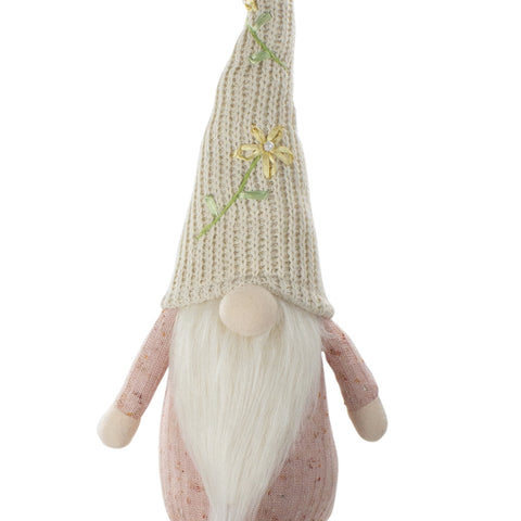 Sitting Spring Gnome Figure With Floral Knitted Hat - 29" - Pink and Cream
