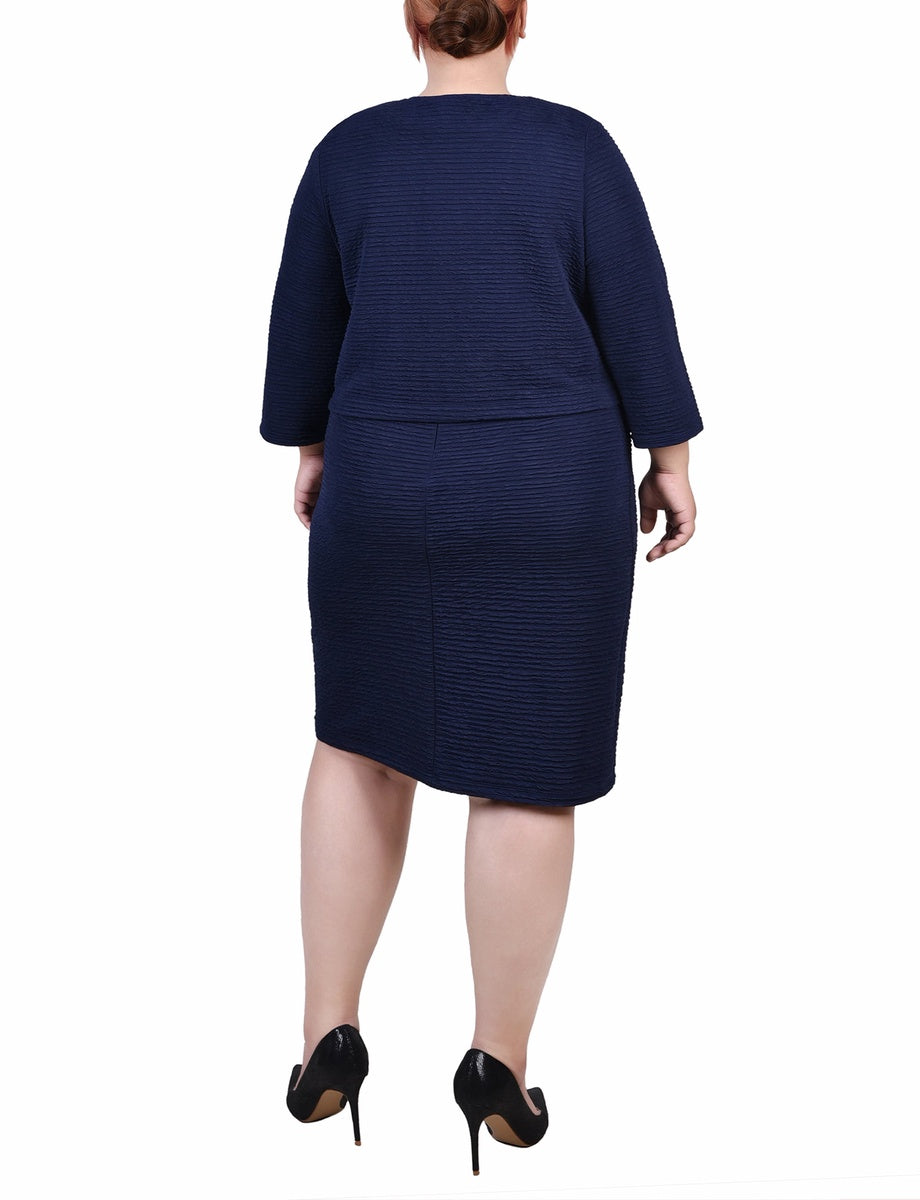  NY Collection Plus Size Textured 3/4 Sleeve 2 Piece Dress Set - Harbor Navy - Bonton