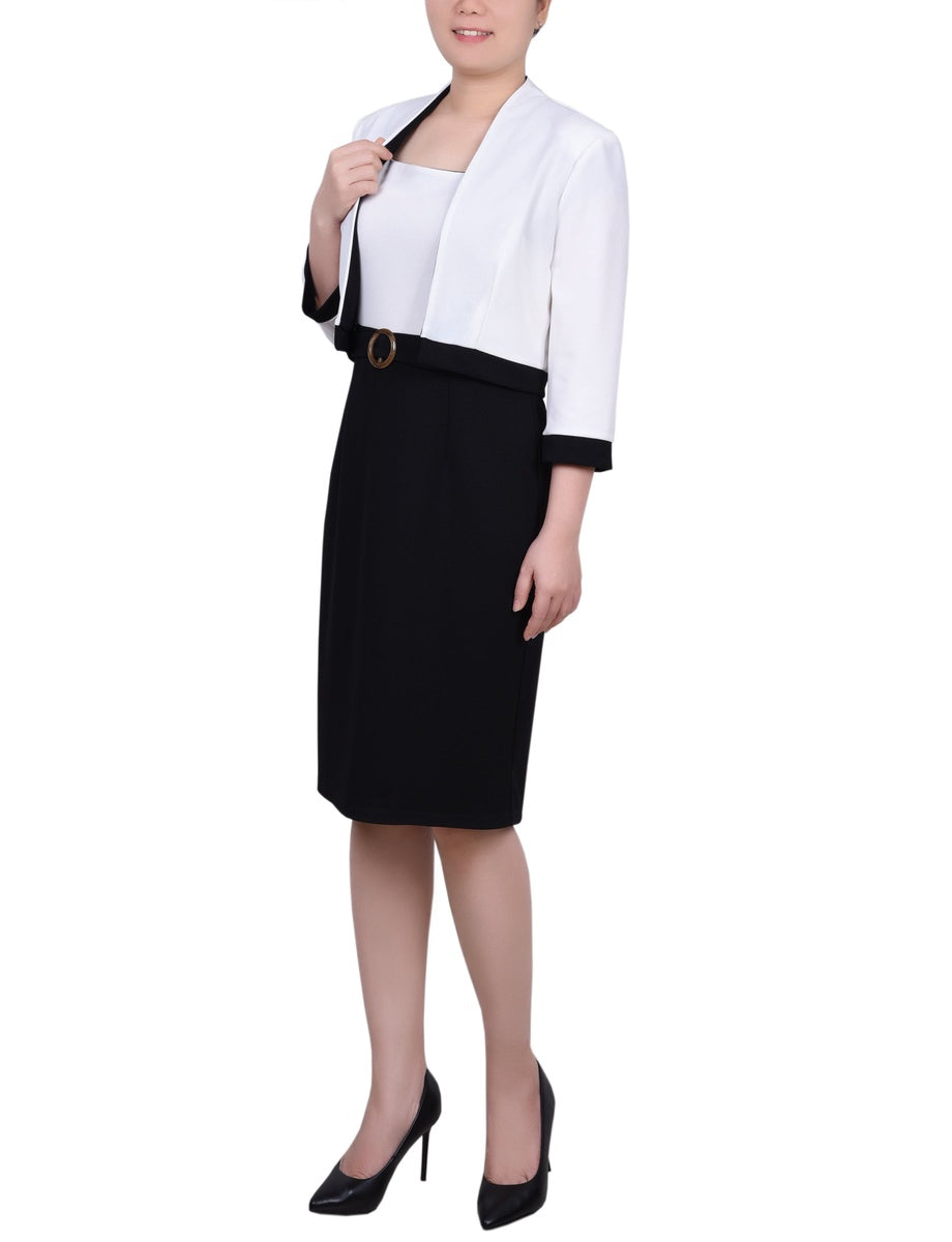  NY Collection 3/4 Sleeve 2 Piece Colorblocked Dress Set - Black White - Bonton