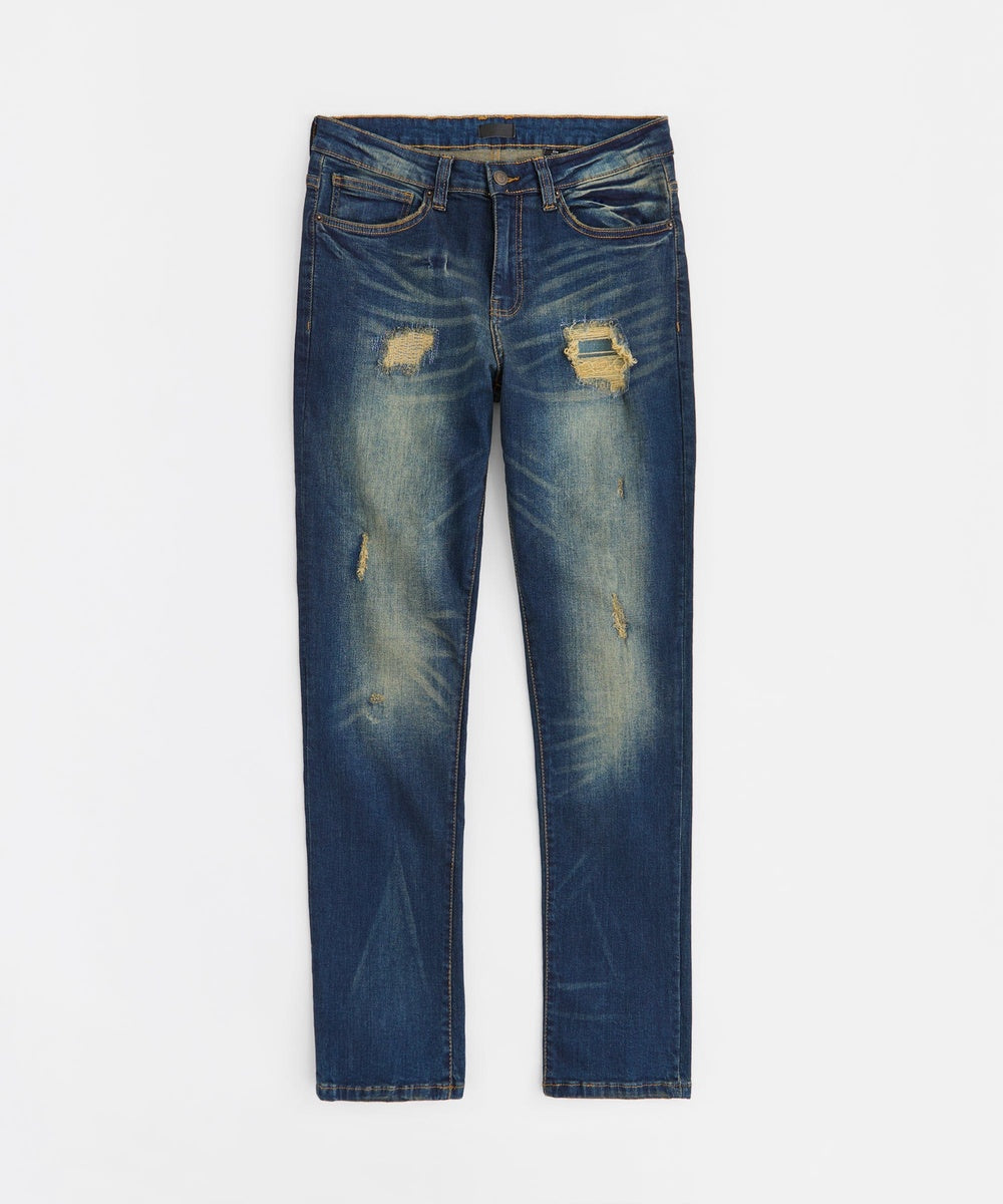  Reason Clothing Men's Skinny Rip and Repair Denim Pants - Dark Blue - DARK BLUE - Bonton