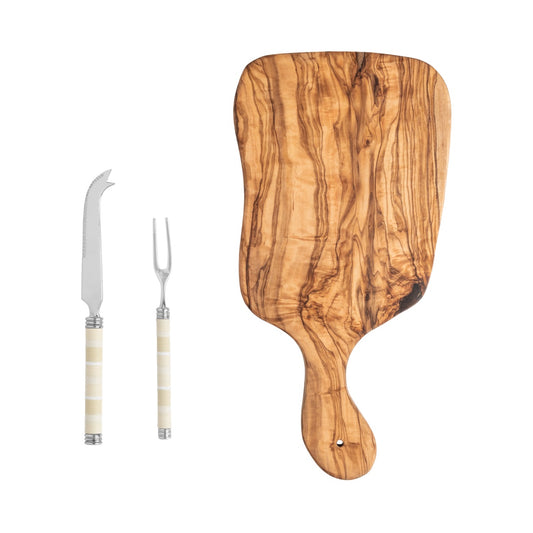 Jubilee Cheese Knife, Fork, and Olive Wood Board Set - Shades of Light