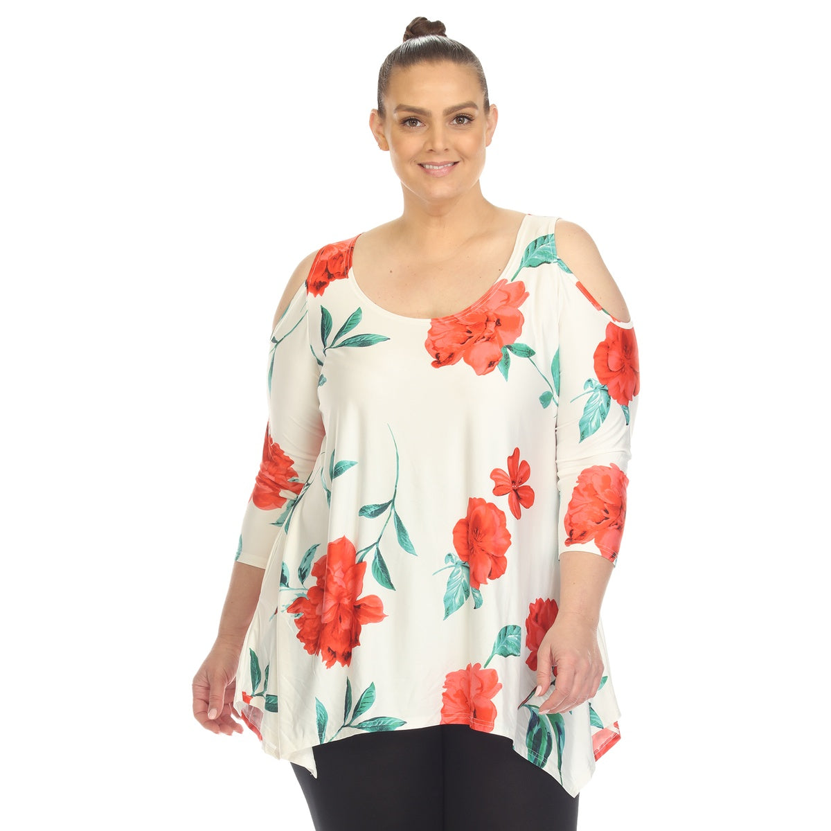  White Mark Plus Size Floral Printed Cold Shoulder Tunic - 1X - Bonton