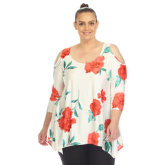 Plus Size Floral Printed Cold Shoulder Tunic