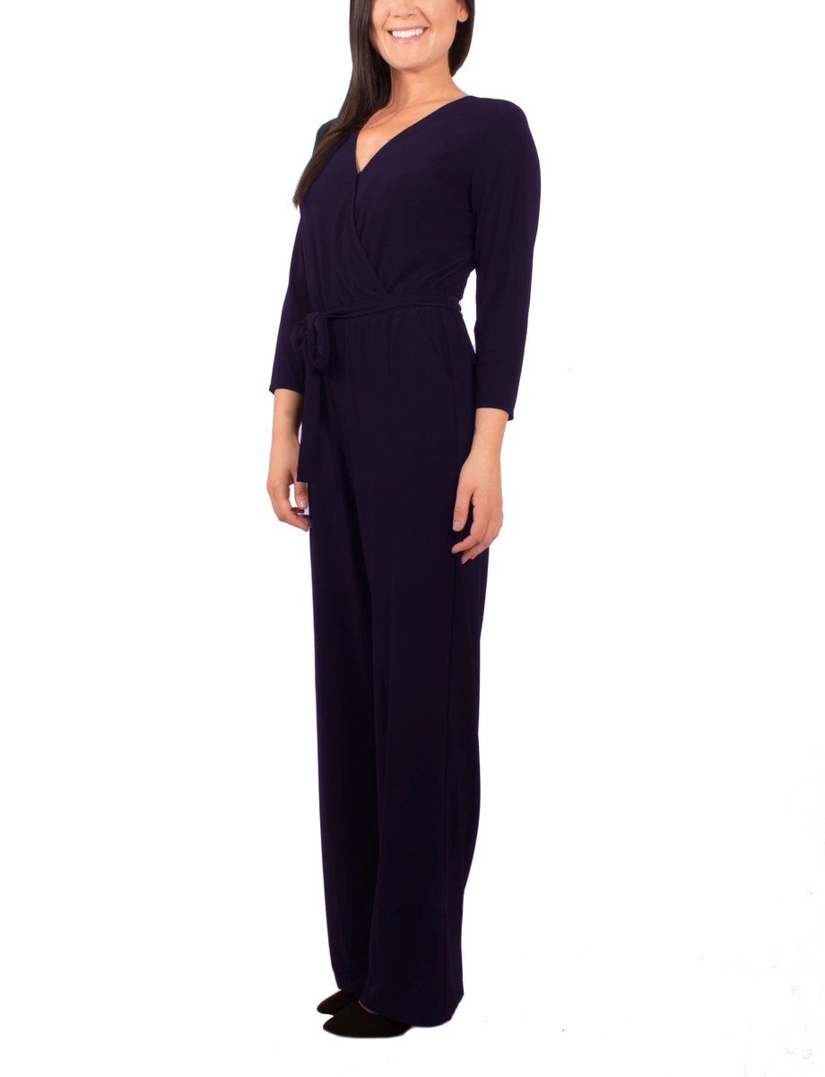  NY Collection Petite 3/4 Sleeve Belted Jumpsuit - Black - Bonton