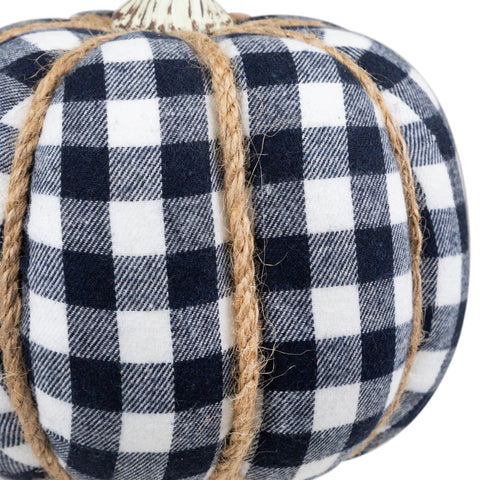 Plaid Fall Harvest Pumpkin With Weathered Stem - 7.75" - Dark Blue and White