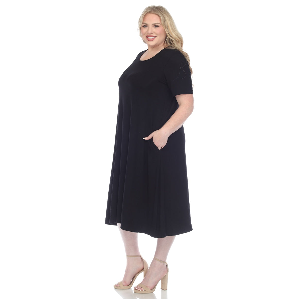  White Mark Plus Size Short Sleeve Pocket Swing Midi Dress - 3X - Bonton