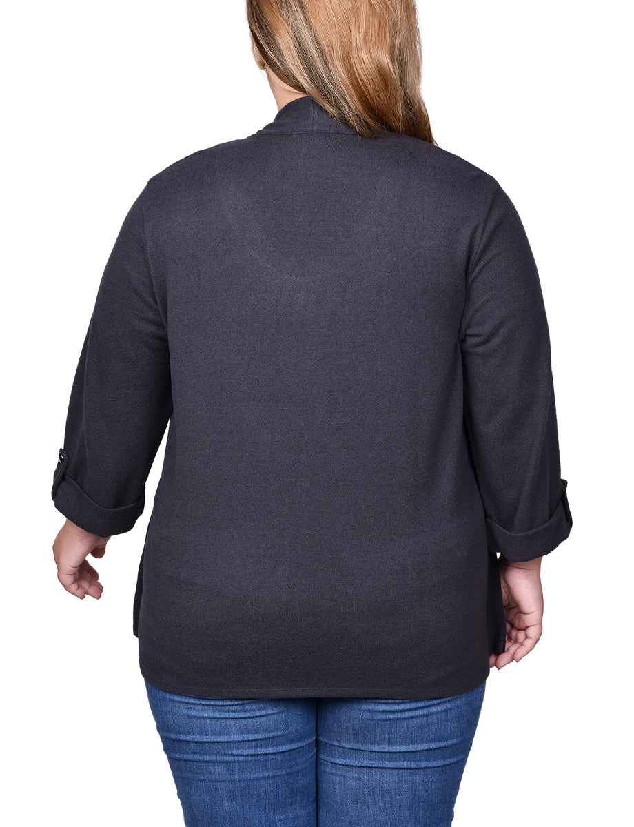  NY Collection Plus Size Roll Tab Sleeve 2Fer Set - Charcoal Grey - Bonton