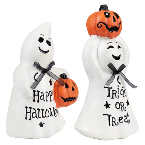 Ghost and Pumpkin "Happy Halloween" and "Trick or Treat" Figurines - 7.75" - Set of 2