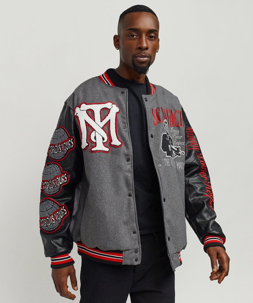  Reason Clothing Scarface the World Varsity Jacket - Black and Grey - BLACK-GREY - Bonton