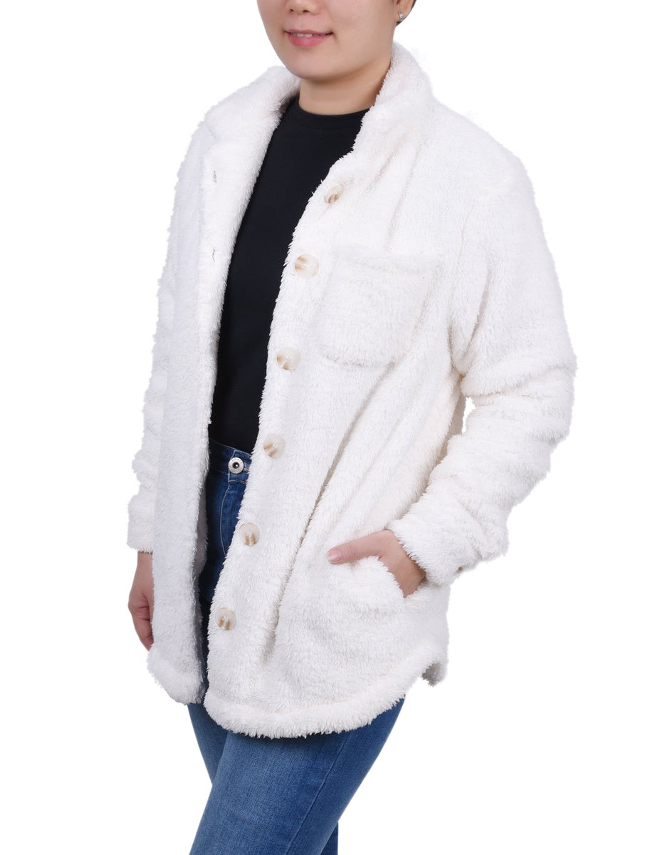  NY Collection Long Sleeve Button Front Sherpa Jacket - Ivory - Bonton