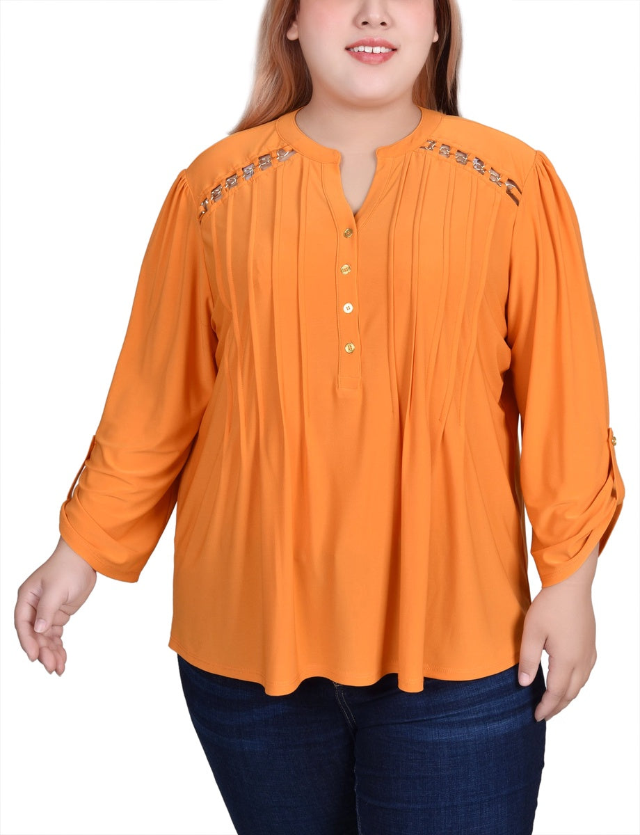  NY Collection Plus Size Long Sleeve Pintuck Front Top With Chain Details - Animal Lilas Dot - Bonton