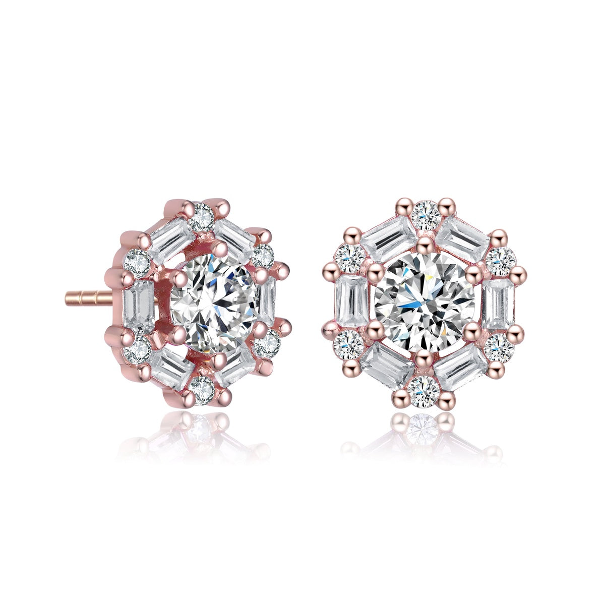  Genevive Ga Rhodium Plated With Round Baguette Cubic Zirconia Stud Earrings - White - Bonton