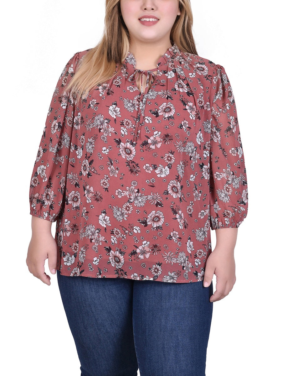  NY Collection Plus Size 3/4 Sleeve Chiffon Blouse - Black Lace Floral - Bonton