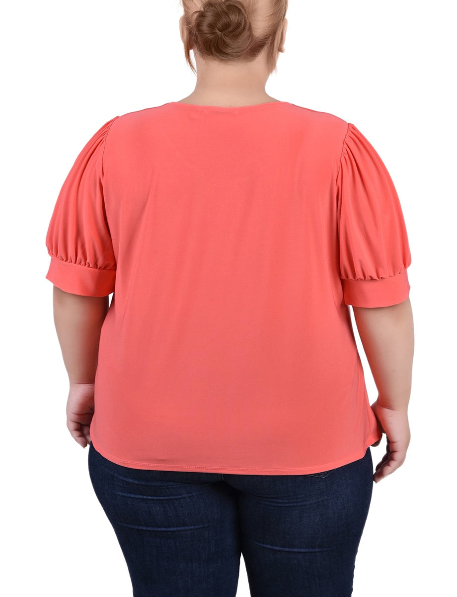  NY Collection Plus Size Short Sleeve Balloon Sleeve Top With Hardware - Bittersweet - Bonton