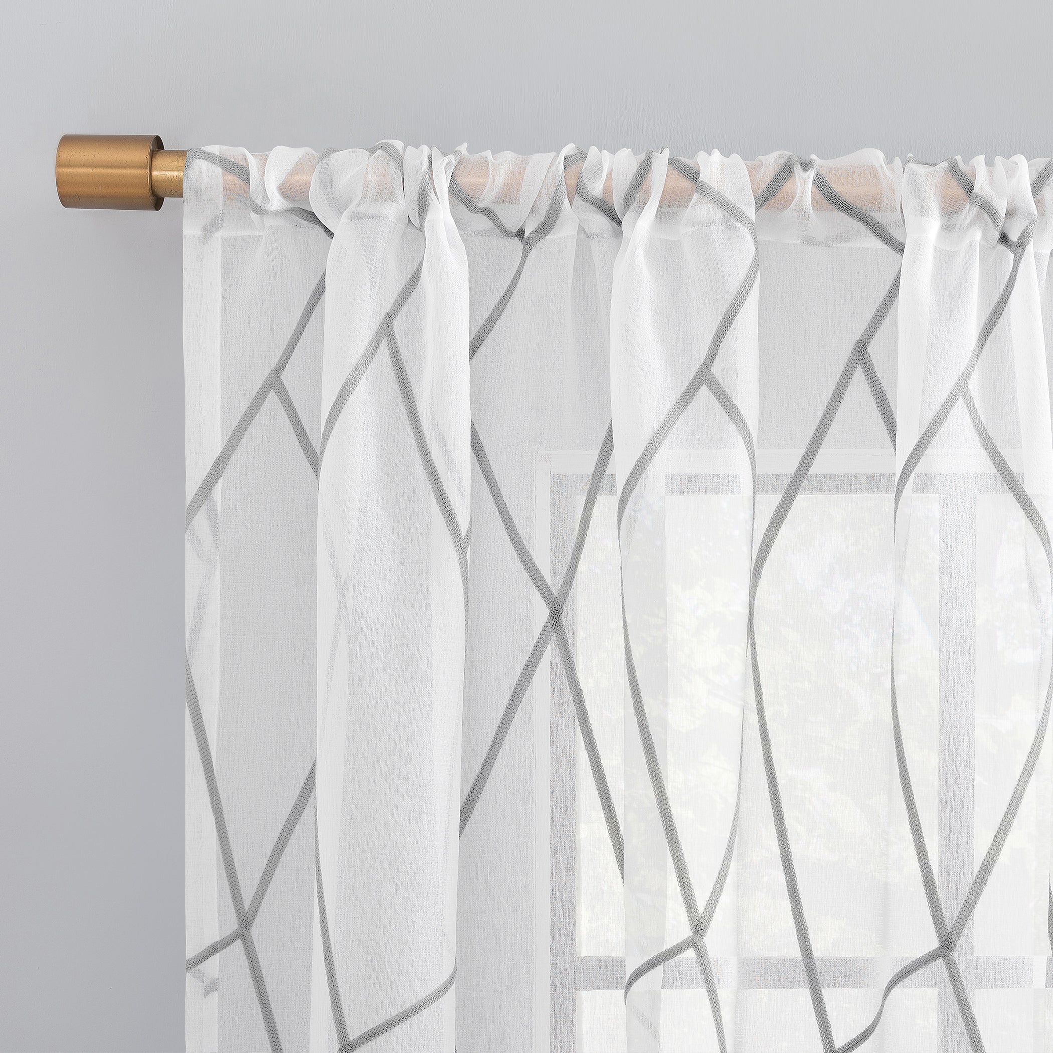  Azlan Geometric Embroidery Sheer Rod Pocket Curtain Panel - Gray - Bonton