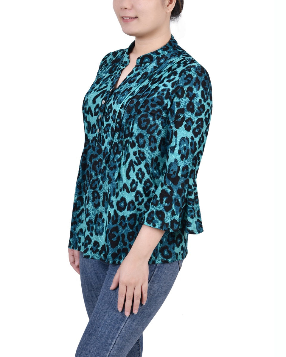  NY Collection Petite 3/4 Bell Sleeve Pleat Front Y Neck Top - Berry Plaid - Bonton
