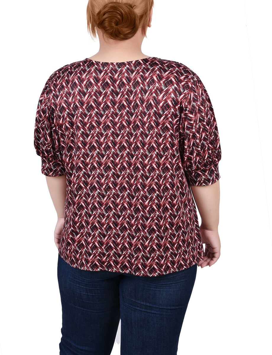  NY Collection Plus Size Short Sleeve Balloon Sleeve Top With Hardware - Black Taupe Zebra - Bonton