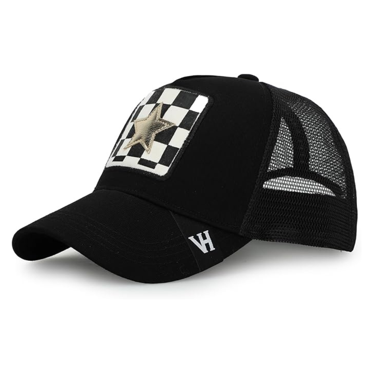  Vintage Havana Vintage Havana Trucker Hat for Women – Black Mesh & Canvas Adjustable Cap With Checkered Patch & Washed Gold Star - Default Title - Bonton