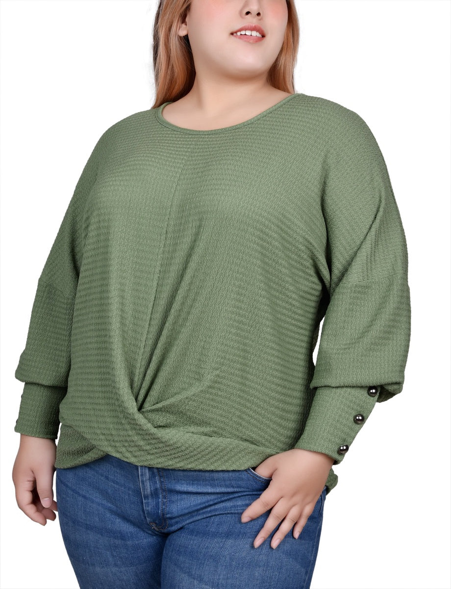  NY Collection Plus Size Long Sleeve Textured Knit Top - Avocado - Bonton