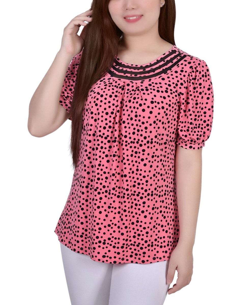  NY Collection Petite Short Puff Sleeve Sheer Inset Top - Black - Bonton