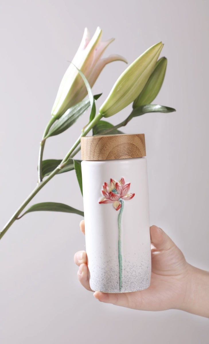  Acera Lotus Beauty Tea Tumbler - White and water blue with red lotus - Bonton