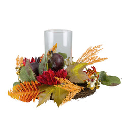 Mums With Pomegranate Fall Harvest Pillar Candle Holder Centerpiece - 22"