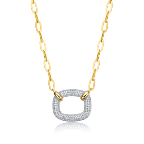 14k Yellow Gold Plated With Clear Cubic Zirconia Square Pendant Necklace