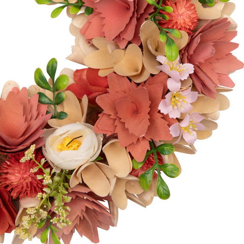 Artificial Mini Thistle Flowers Wooden Spring Wreath - 14" - Pink and Cream