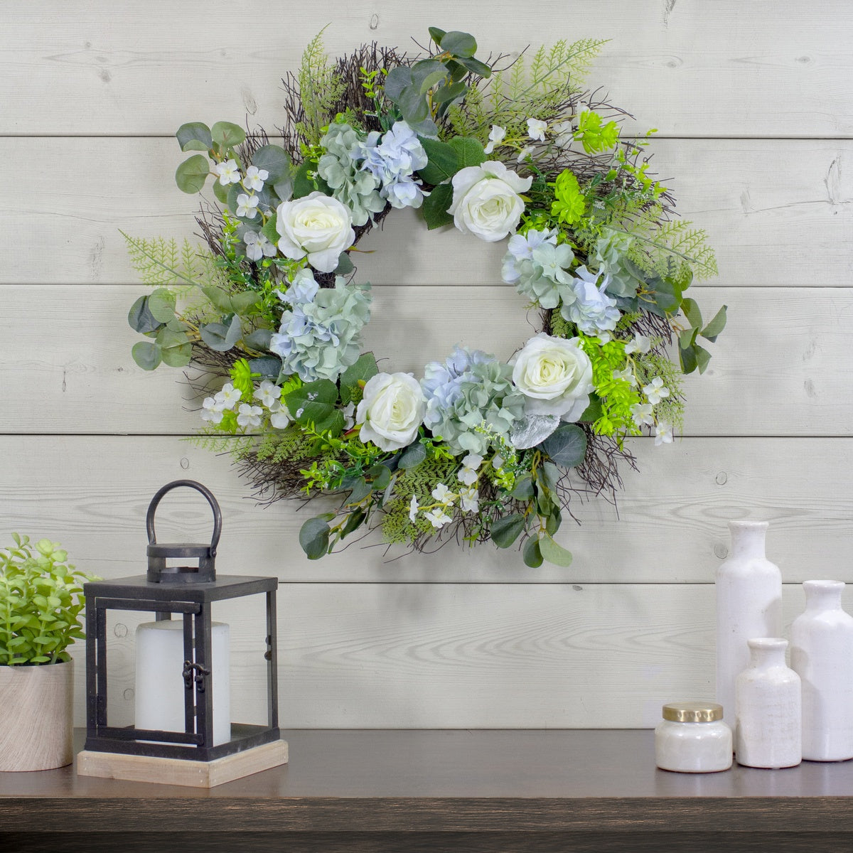  Northlight Hydrangea  Rose and Geranium Artificial Floral Spring Wreath  White and Blue - 24-Inch - Default Title - Bonton