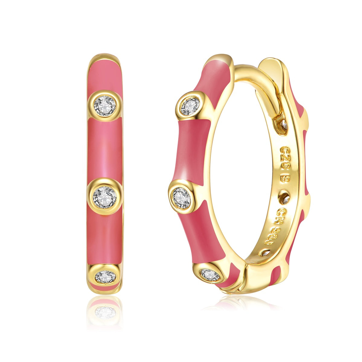  Rachel Glauber Baby/Kids 14k Yellow Gold Plated With Cubic Zirconia Pink Enamel Bamboo Hoop Earrings - Ruby - Bonton