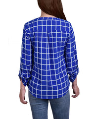 Petite 3/4 Sleeve Roll Tab Y Neck Blouse