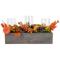 27" Pumpkin  Berry and Pine Cone Fall Harvest Triple Pillar Candle Holder