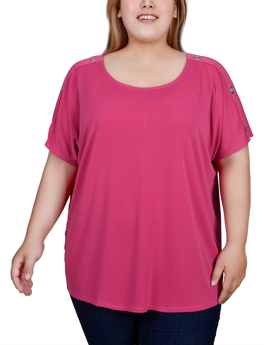  NY Collection Plus Size Short Sleeve Extended Sleeve Tunic Top - Magenta Pyramid - Bonton