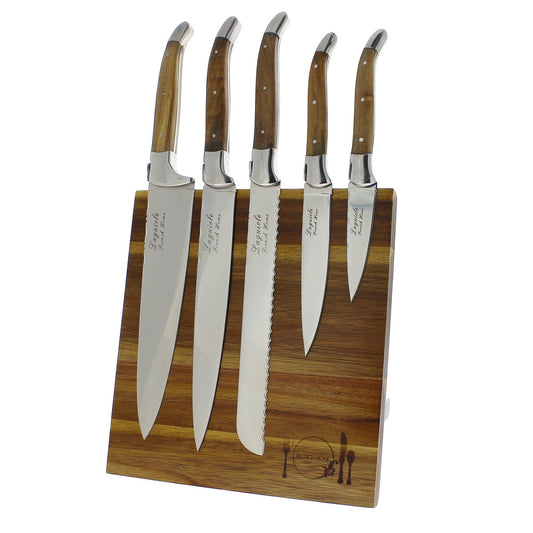 Laguiole Connoisseur Olivewood 5 Piece Kitchen Knife Set Plus Magnetic Display