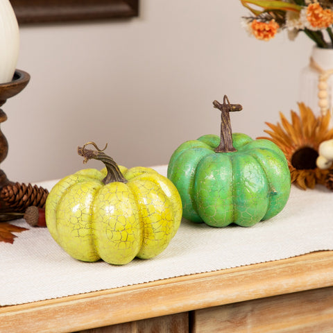 Crackle Fall Harvest Thanksgiving Pumpkins - 5" - Green and Gold - Set of 2