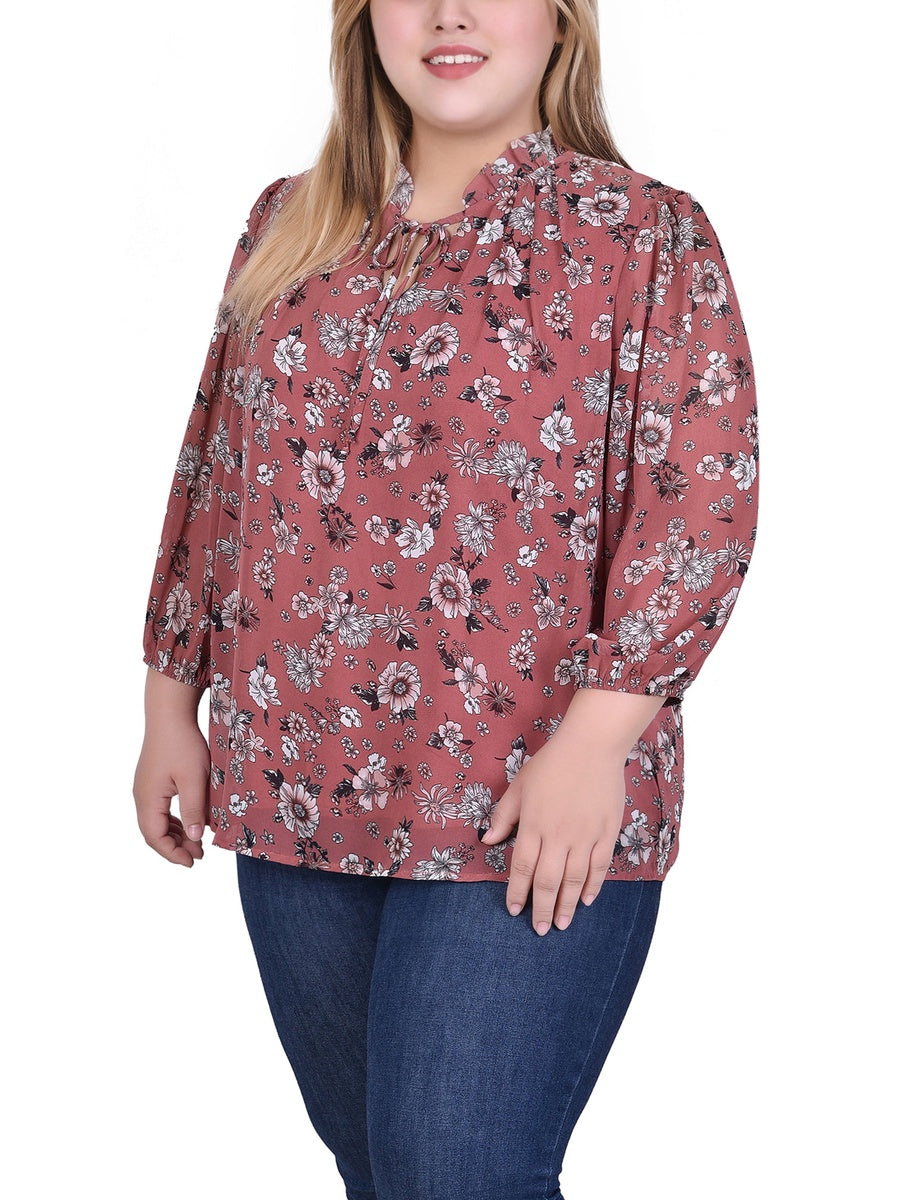  NY Collection Plus Size 3/4 Sleeve Chiffon Blouse - Black Lace Floral - Bonton