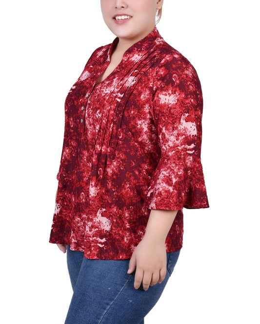 Plus Size 3/4 Sleeve Overlapped Bell Sleeve Y Neck Top
