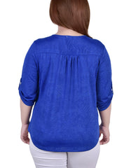 Plus Size 3/4 Roll Tab Zip Front Jacquard Knit Top