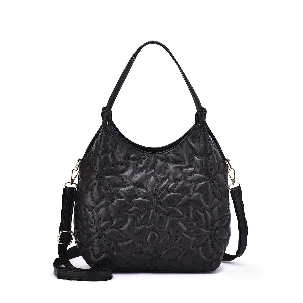  Mellow World Jae Embossed Floral Patterned Hobo - Black - Bonton