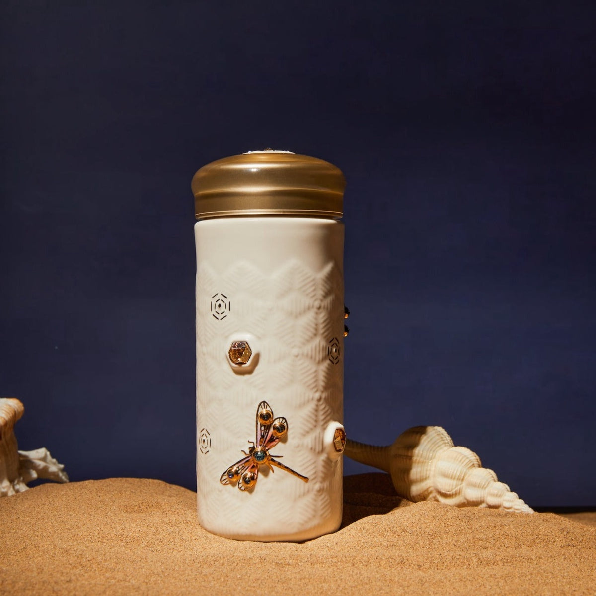  Acera Dragonfly Serenity Travel Mug With Crystals - White and Hand Painted Gold with Crystals - Bonton