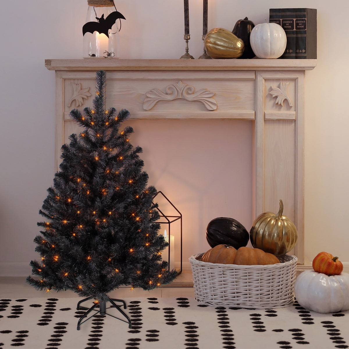  Northlight Pre-Lit Black Noble Spruce Artificial Halloween Tree - 4' - Orange Lights - 4' - Bonton