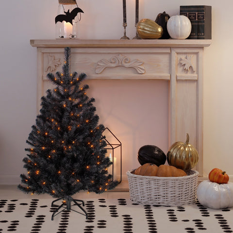 Pre-Lit Black Noble Spruce Artificial Halloween Tree - 4' - Orange Lights
