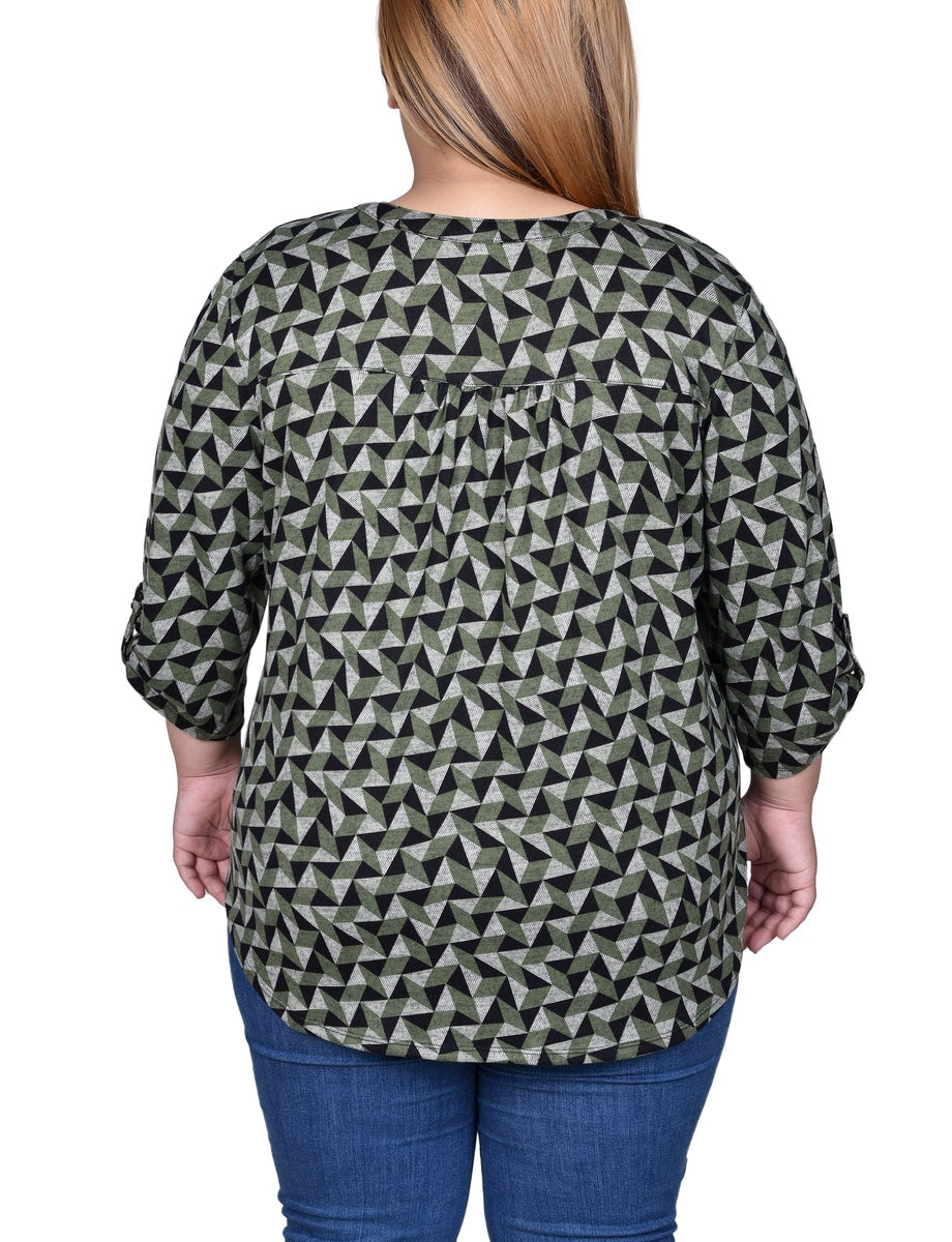  NY Collection Plus Size 3/4 Roll Sleeve Top - Black Grey Animal - Bonton