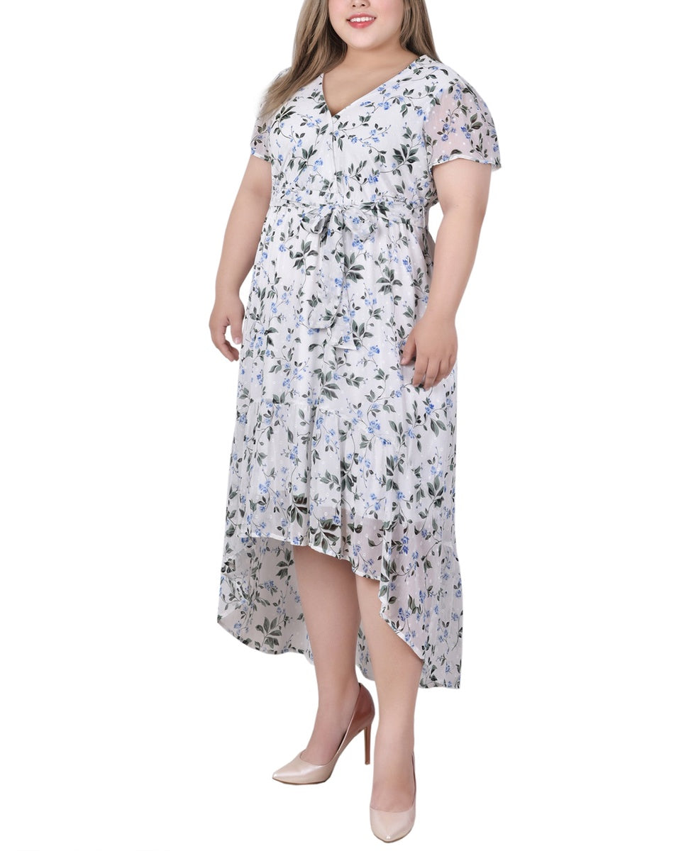  NY Collection Plus Size Short Sleeve Hankerchief Hem Chiffon Dress - Black Mauve Floral - Bonton