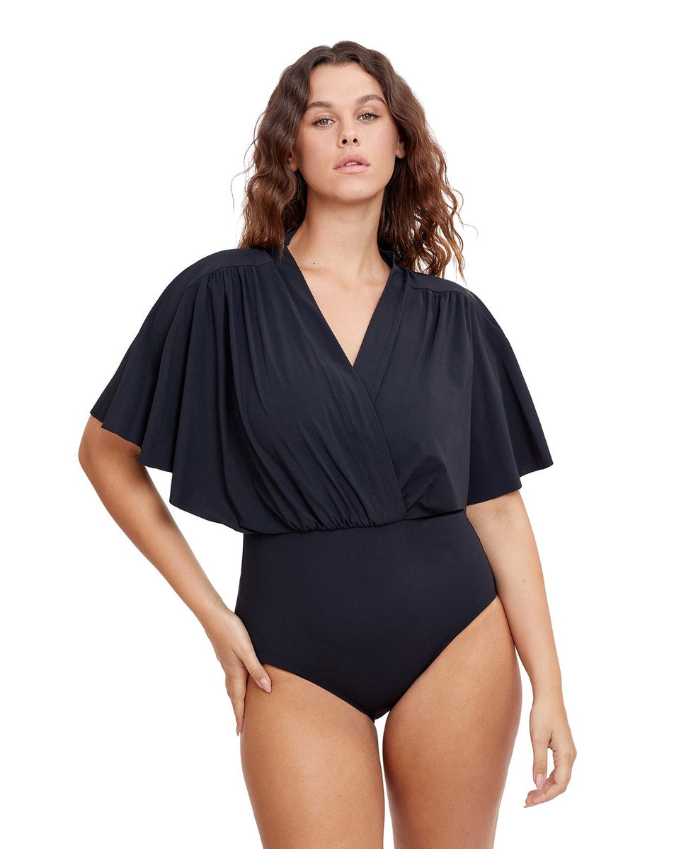  Gottex Modest Modest Sleeved Surplice Blouson One Piece - GOTTEX MODEST BLACK - Bonton