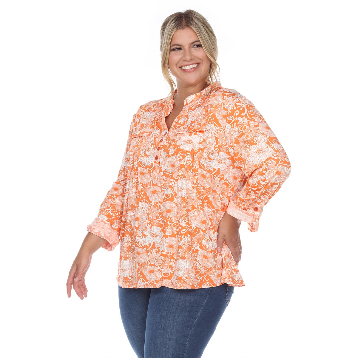  White Mark Plus Size Pleated Long Sleeve Floral Print Blouse - 1X - Bonton